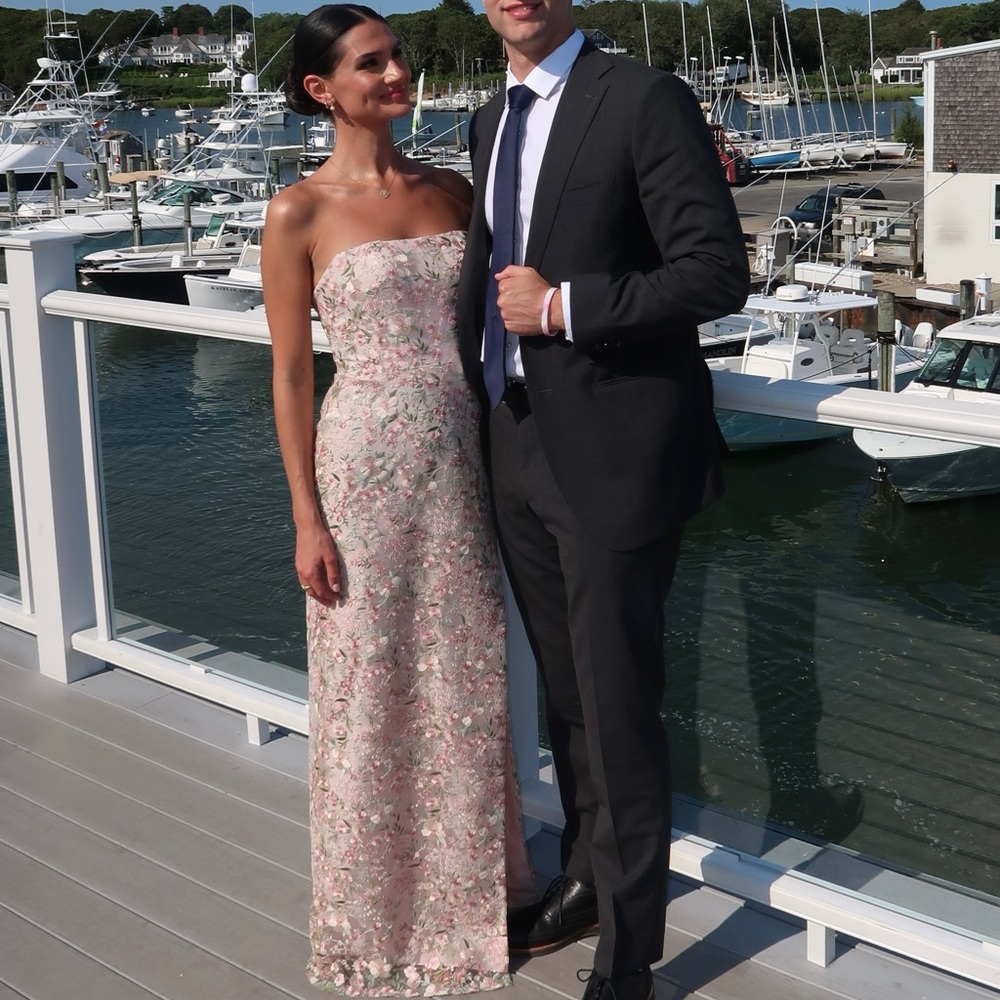 Jenny Yoo Strapless Pink Floral Brocade Gown